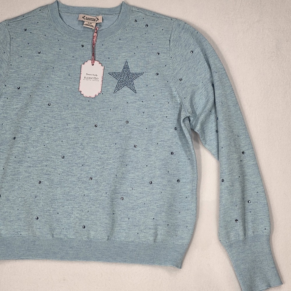 NWT Nanette Lepore Heather Blue Rhinestone Embellished Star Sweater Size L $78